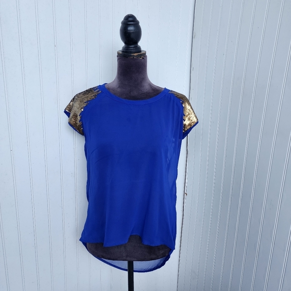 Fun & Flirt Shirt Womens Royal Blue Gold Sequin SHEER Drape Blouse Top Party S
